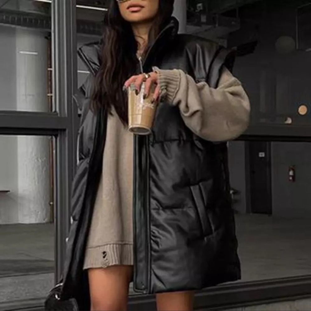 Kimberly Puffer Vest Quilted Cap Sleeve Collar Faux Leather Long Vest Restocking - Picture 4 of 11